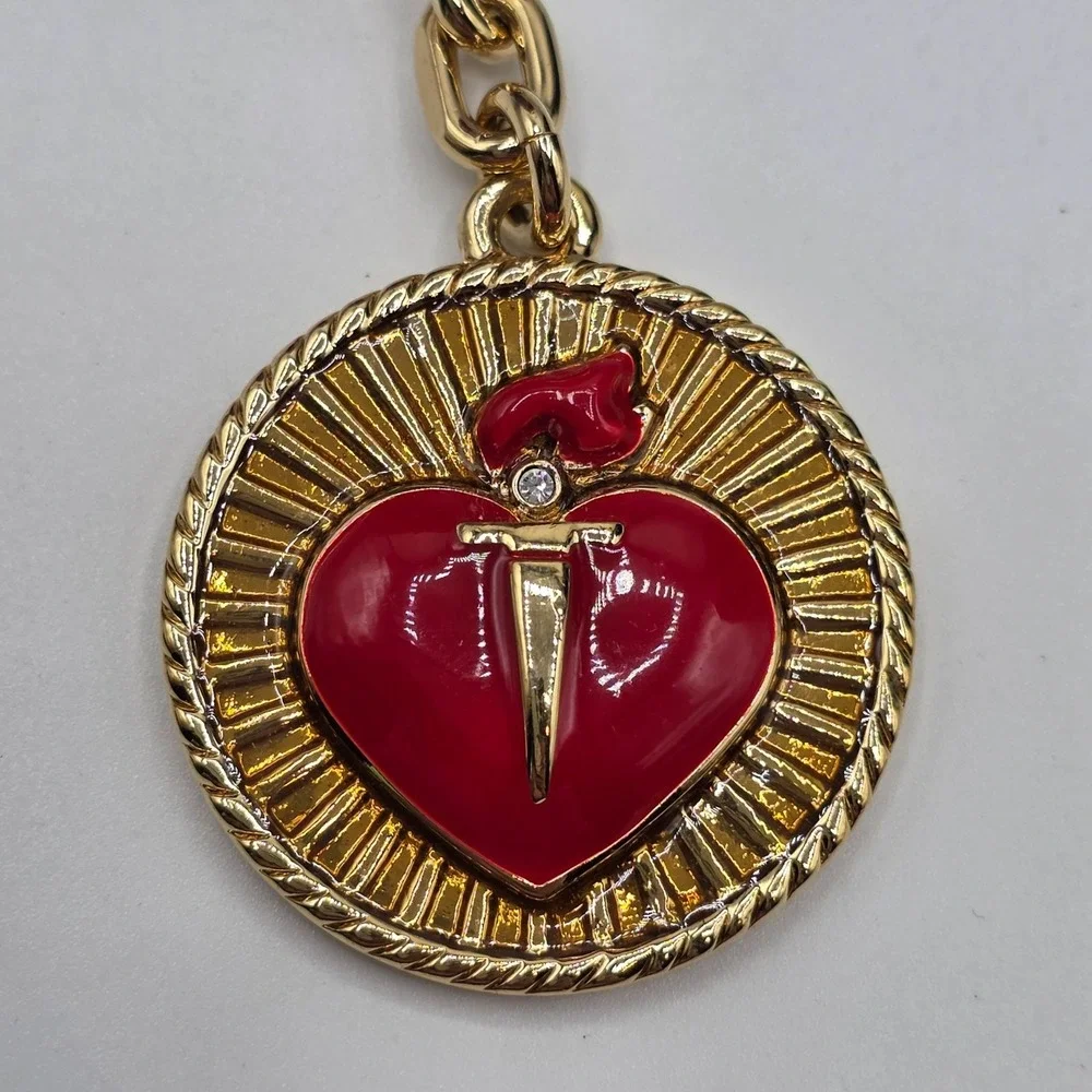 St. John Sacred Heart Gold Tone Red Enamel‎ Keychain Fob Bag Charm Designer